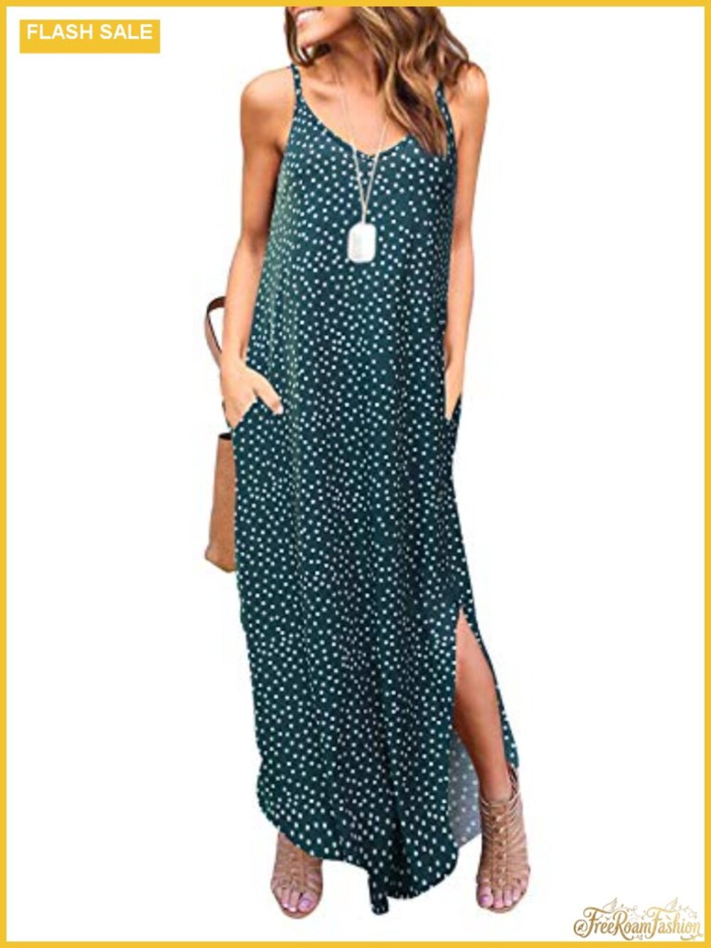 Women's Sleeveless V-Neck Split Loose Cami Maxi Dress with Pockets
